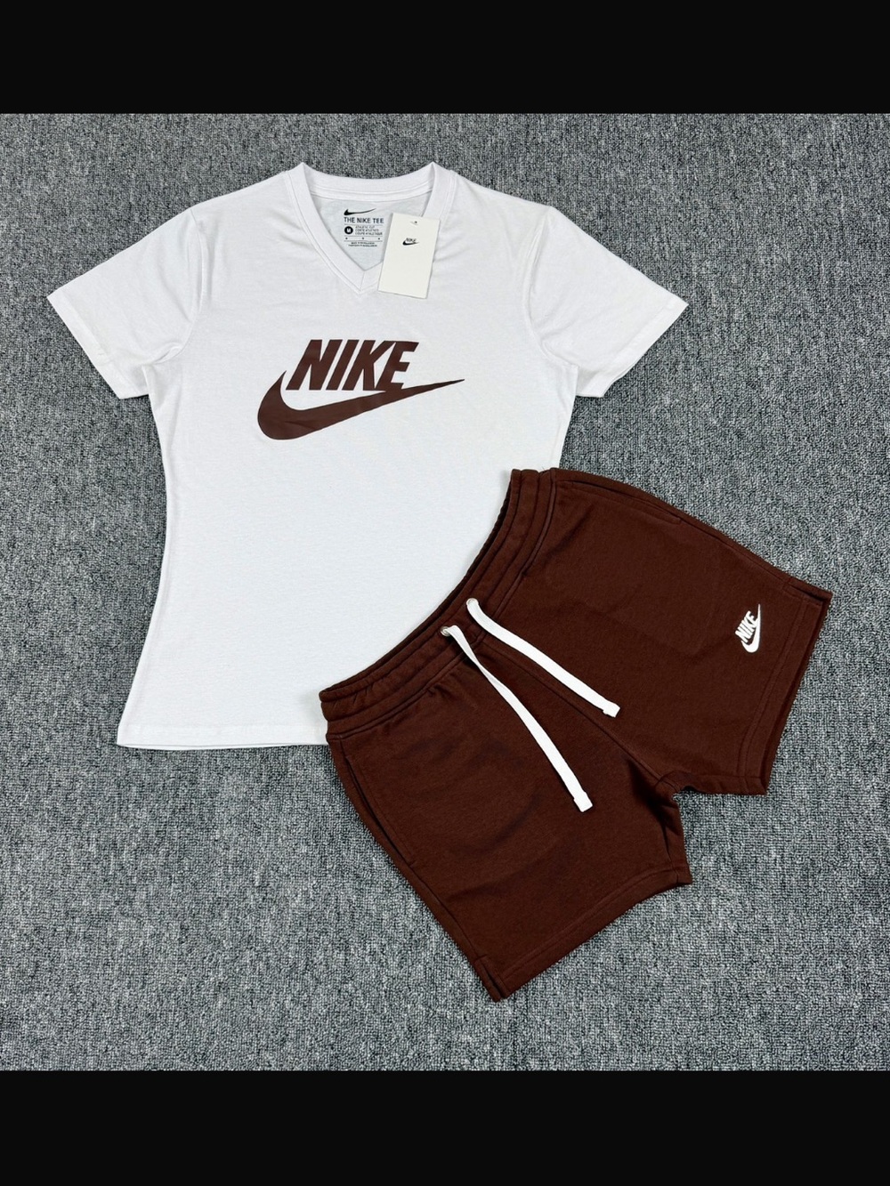 Nike White Tee with Brown Logo & Brown Drawstring Shorts